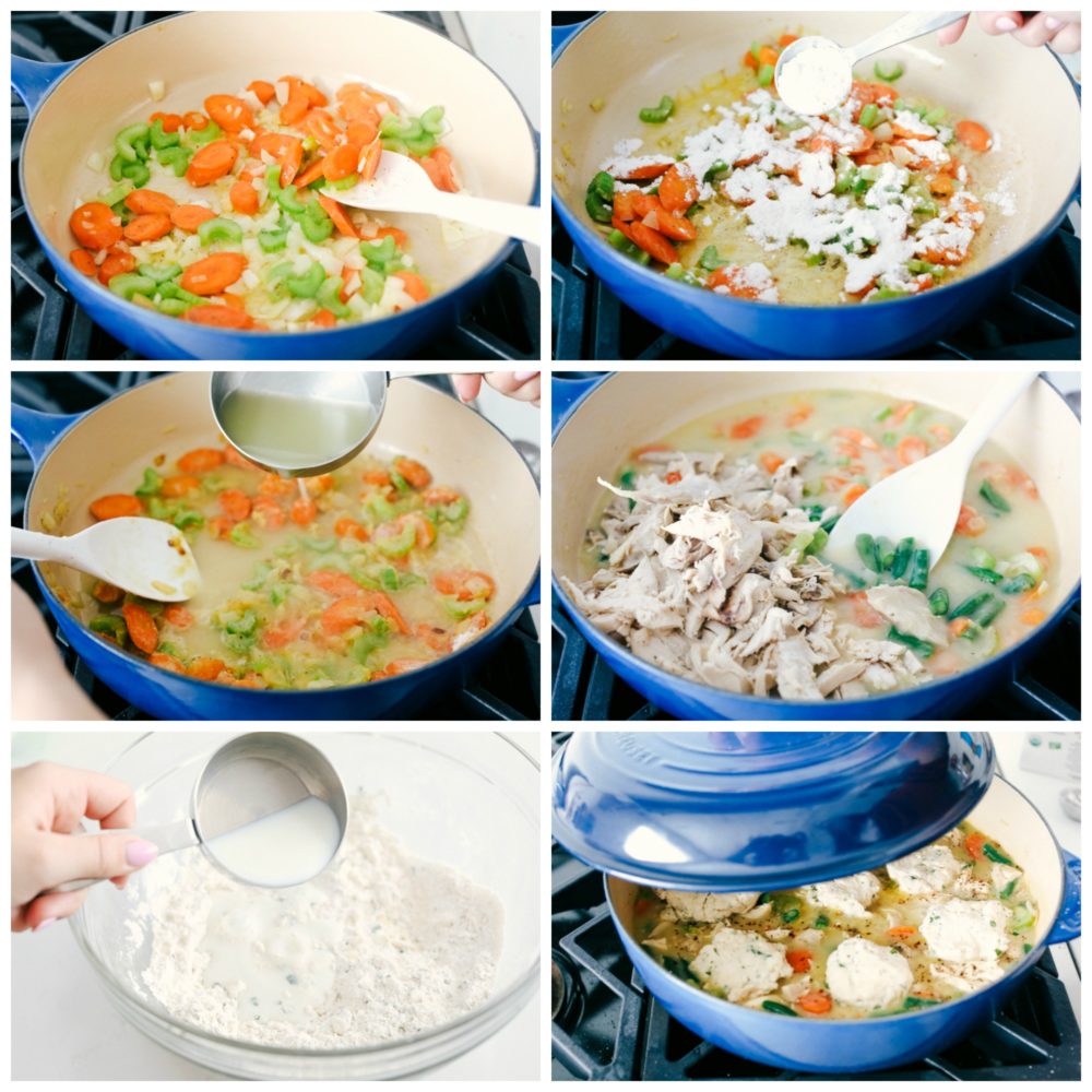 The process of cooking chicken in dumplings in six photos with storing the carrots and celery, adding in powder, stirring in broth and chicken then making a roux and adding that to the pot to simmer. 