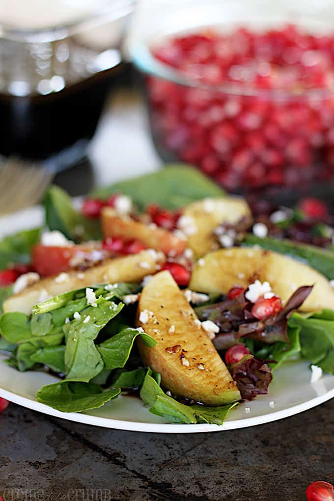 Apple Pomegranate Salad with Honey Balsamic Dressing on a white plate.