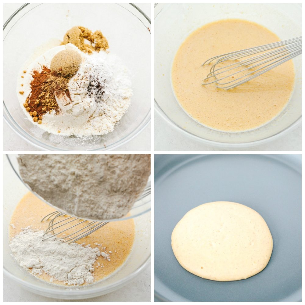 First photo of dry ingredients in a mixing bowl. Second photo of wet ingredients mixed in a bowl. Third photo of dry ingredients being added to the bowl of wet ingredients. Fourth photo of a pancake cooking on a skillet.