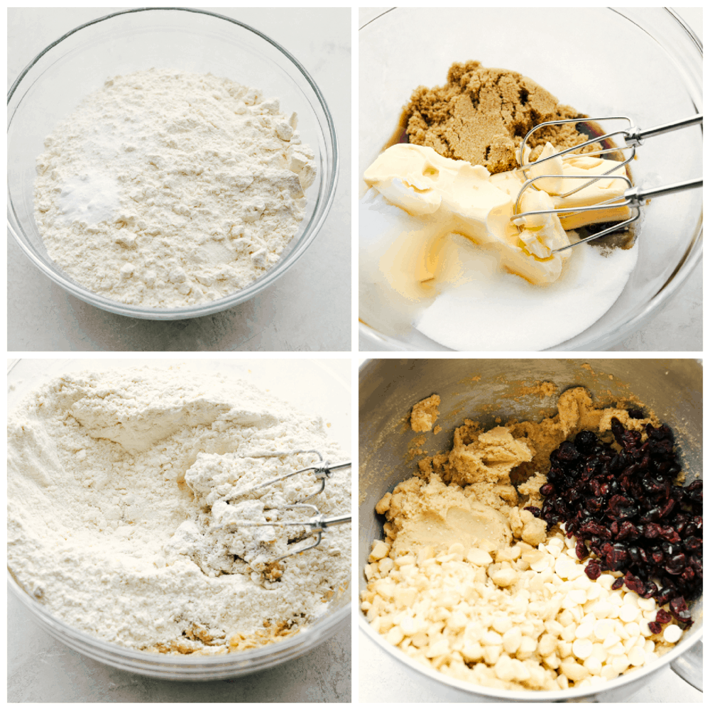 Los ingredientes y la mezcla de galletas de chocolate blanco, arándanos y macadamia.