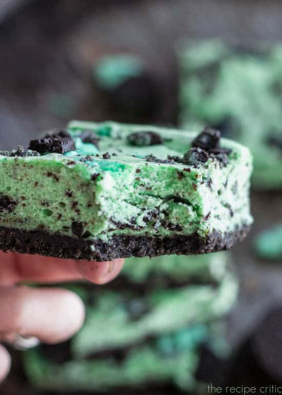 Mint cookies and cream cheesecake bar close up.