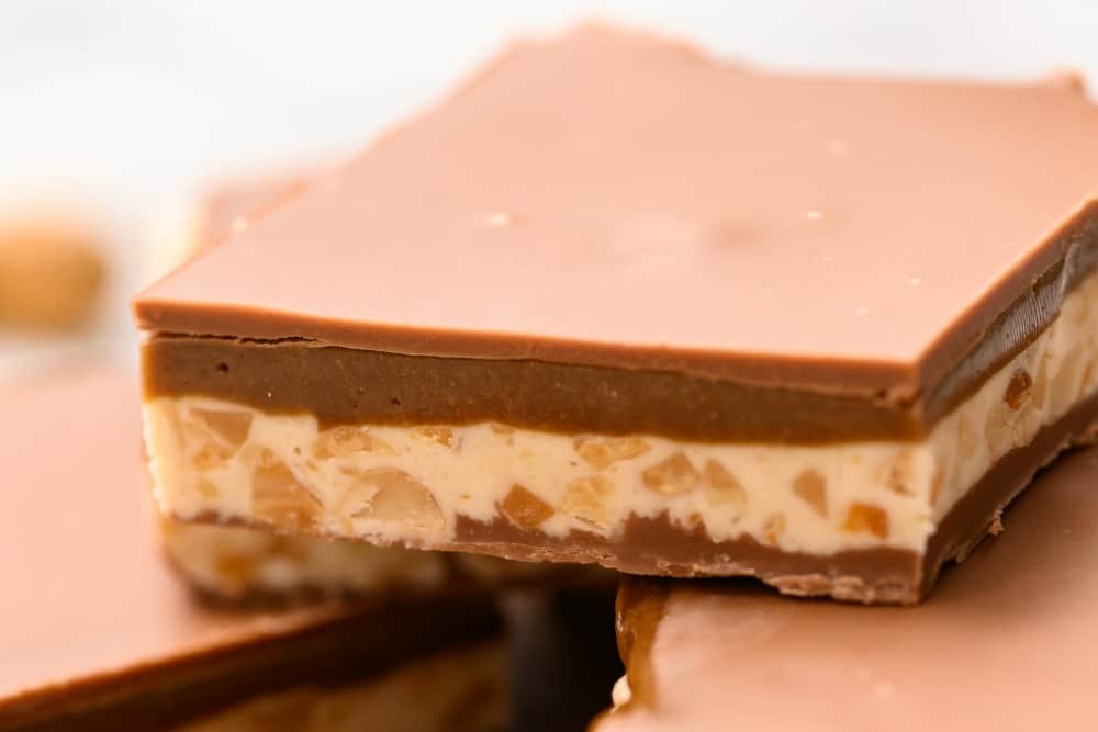 Homemade snickers bar close up.