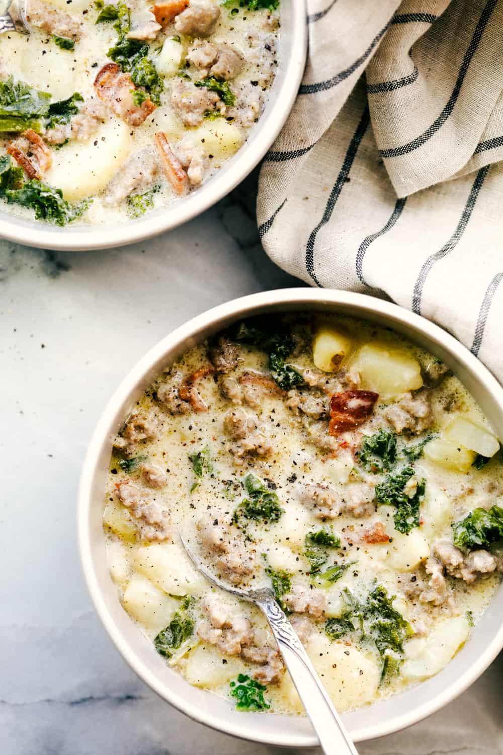 zuppa toscana served in a bowl.
