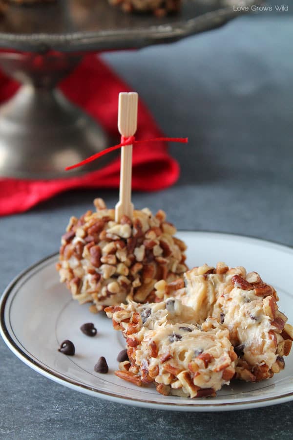 Mini Toffee Chocolate Chip Cheese Ball on a white plate. 