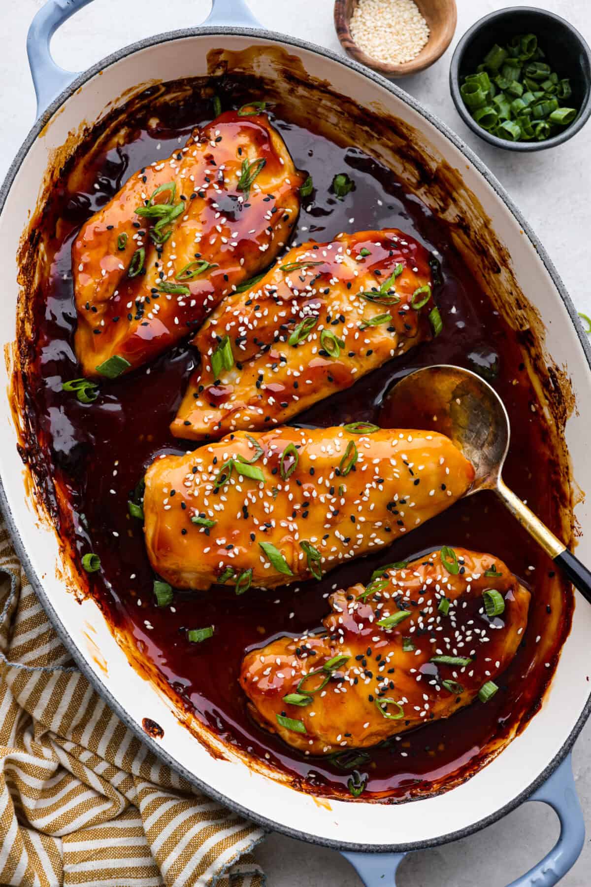 Overhead shot of baked teriyaki chicken. 