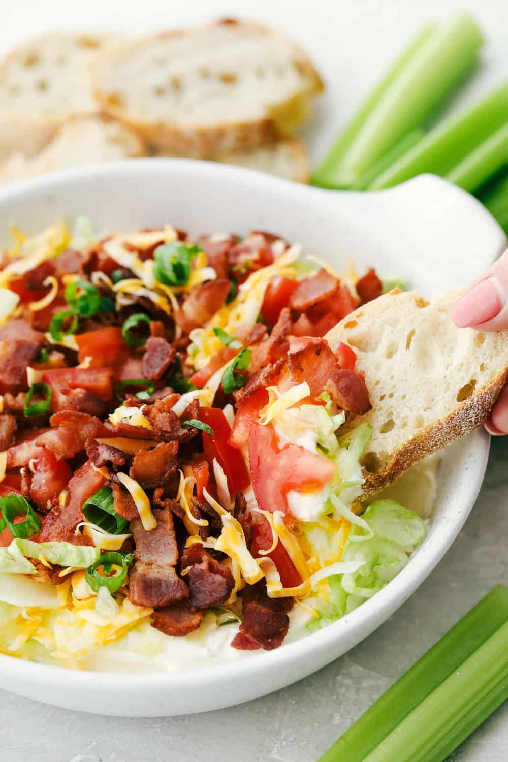 Creamy bacon lettuce and tomato dip with bread. 