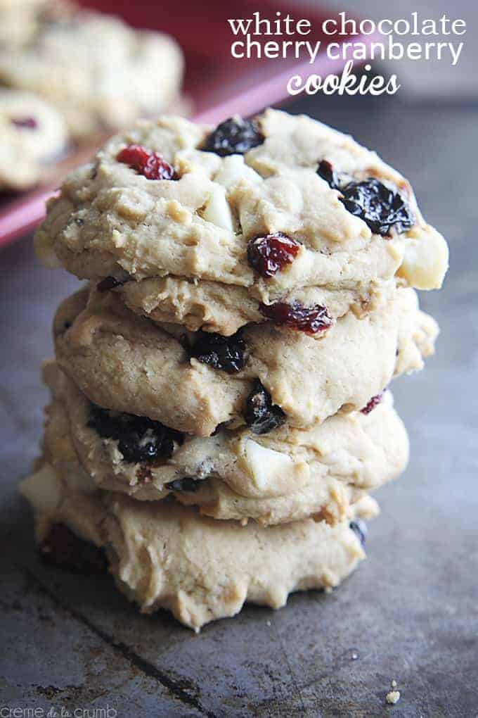 White Chocolate Cherry Cranberry Cookies in a stack.