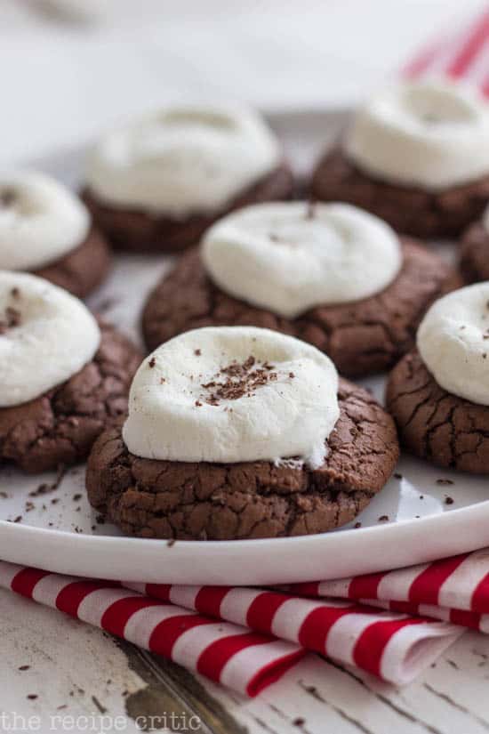 Hot cocoa cookies on a white plate.