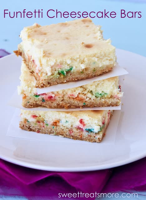 Funfetti Cheesecake Bars on a white plate. 