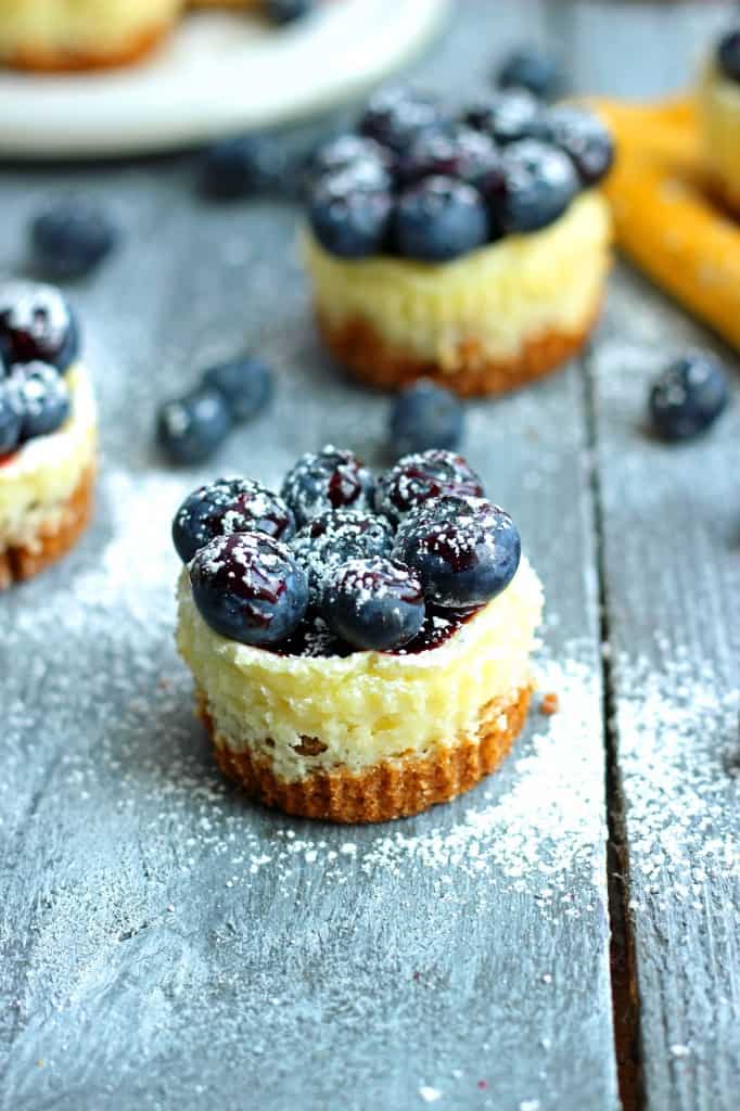 Close up photo of Mini Lemon and Blueberry Cheesecakes on a wooden table. 