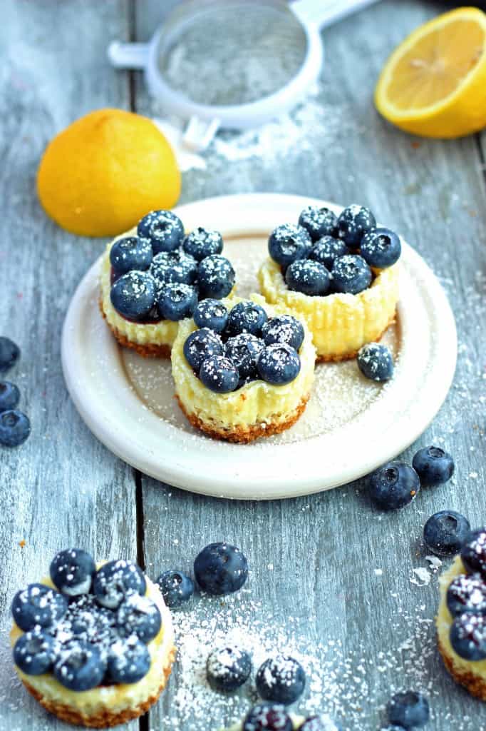 Three Miniature Blueberry and Lemon Cheesecakes on a white plate with fresh blueberries and lemons on the side. 