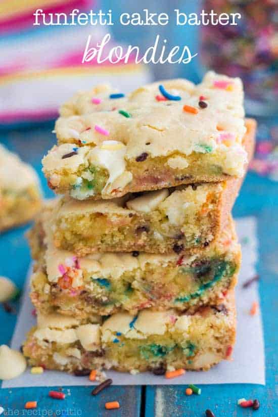 Funfetti Cake Batter Blondies stacked on top of one another. 