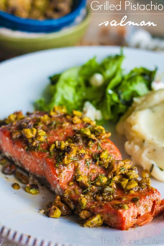 Grilled Pistachio Salmon on a white plate. 