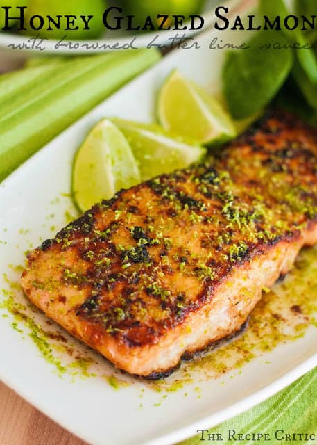 Honey Glazed Salmon with Browned Butter Lime Sauce on a white plate. 