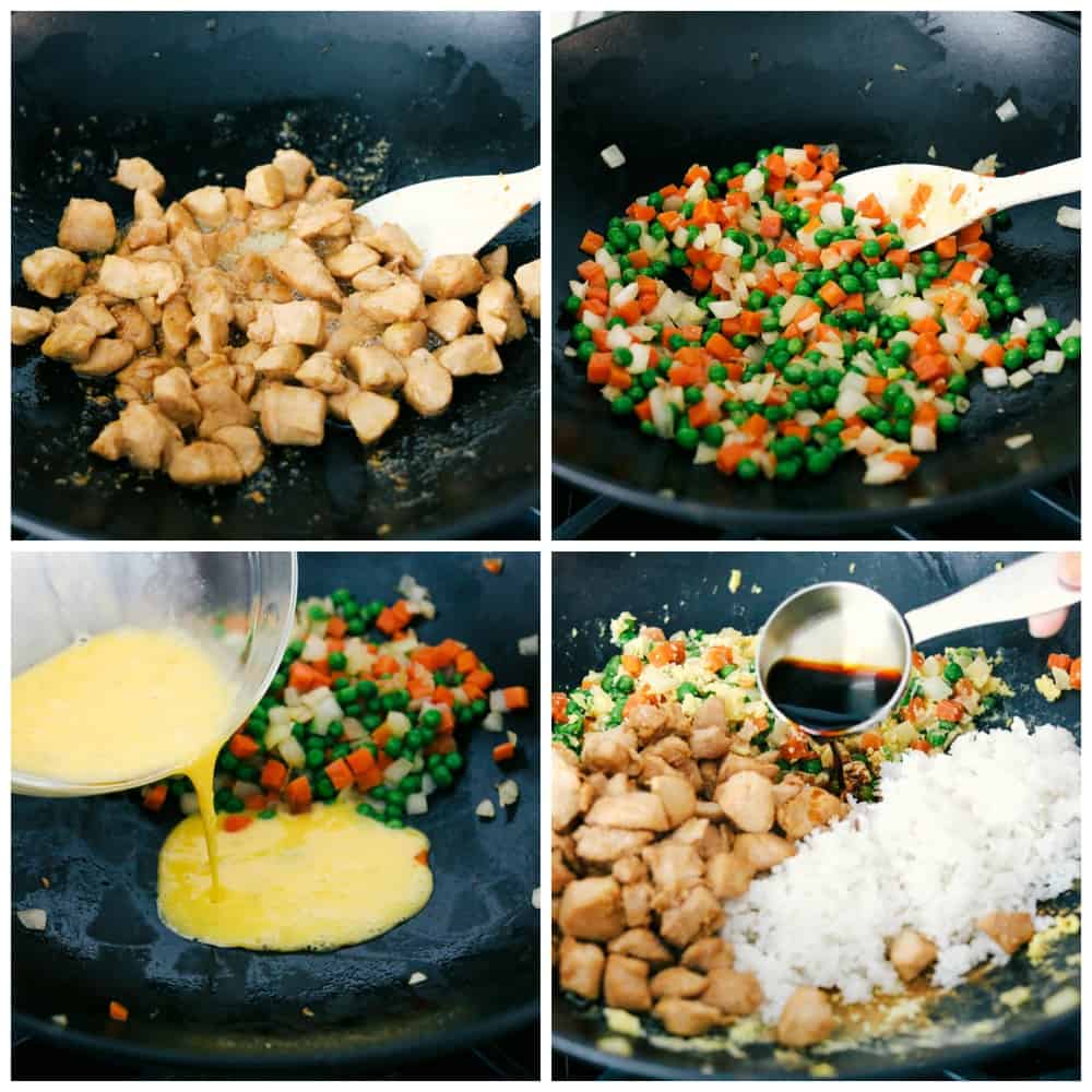 The process of making chicken in a wok. First cooking the chicken, then cook peas and carrots next add eggs and rice then mix together. 