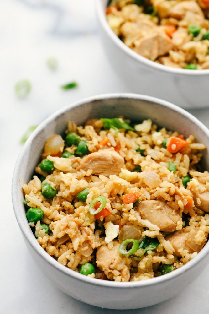 Chicken fried rice in a bowl. 