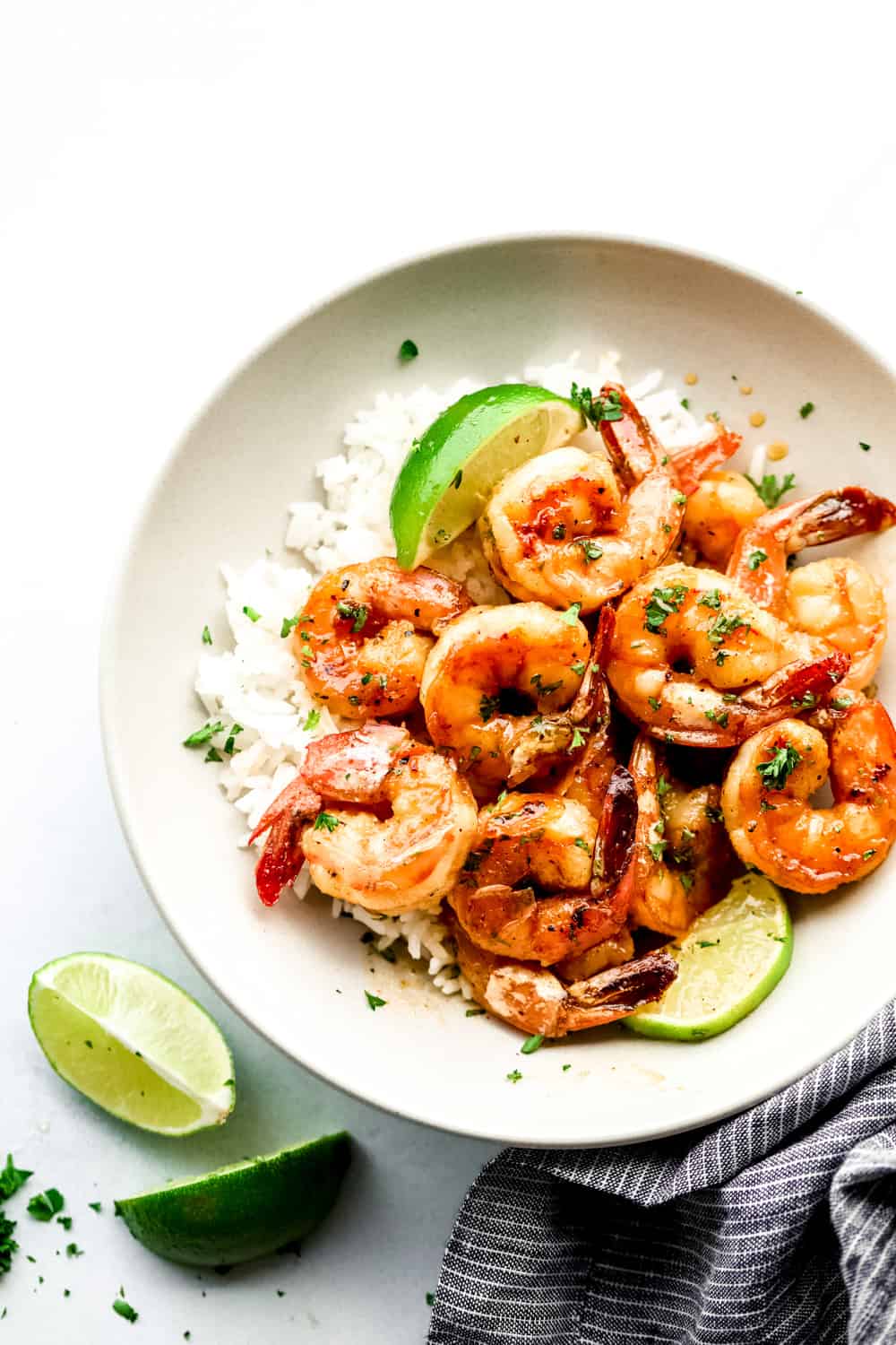 honey lime shrimp over rice in a bowl