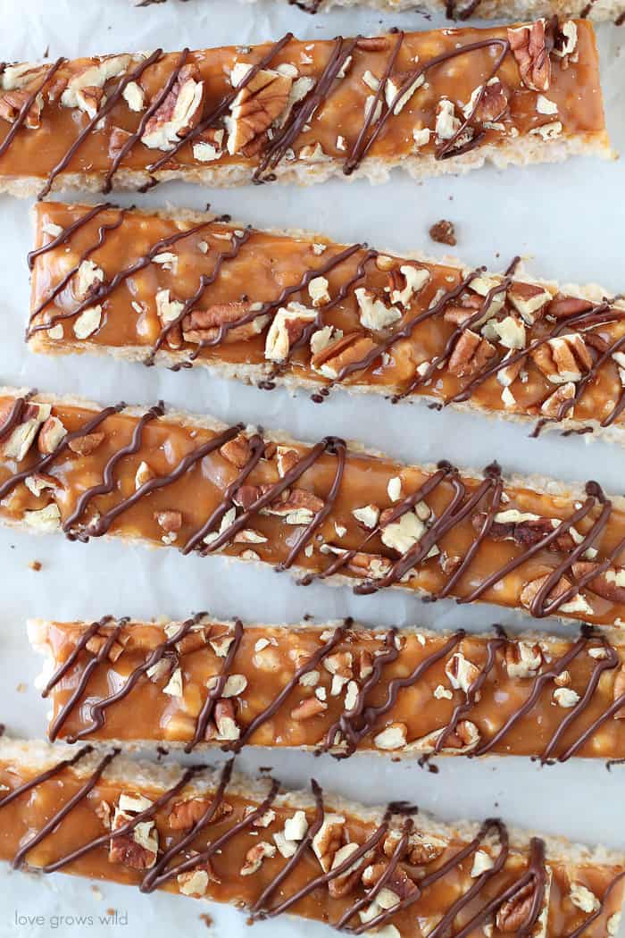 Classic rice krispie treats with a delicious turtle topping of creamy caramel, crunchy pecans, and a decadent chocolate drizzle! | Love Grows Wild for TheRecipeCritic.com