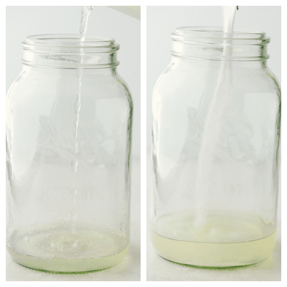 Pouring in the lemon juice and sugar into a glass mixing container. 