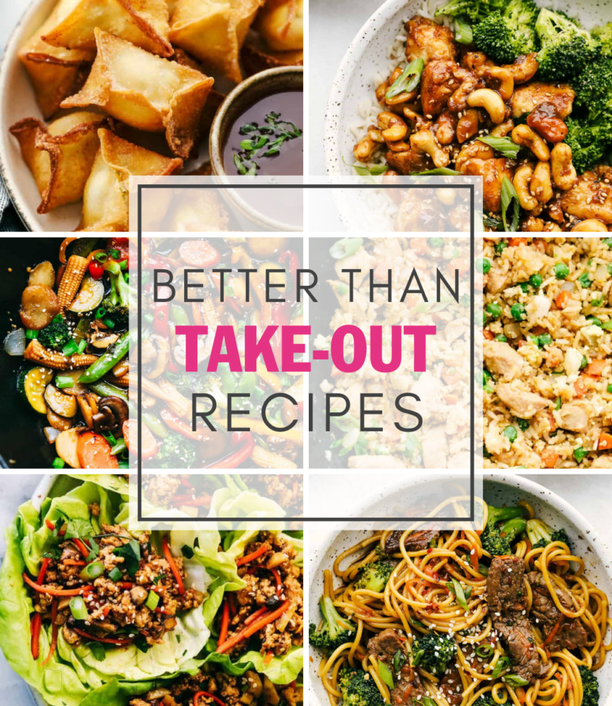 A collage of 6 Asian recipes with the words" better than take-out recipes" in the middle.