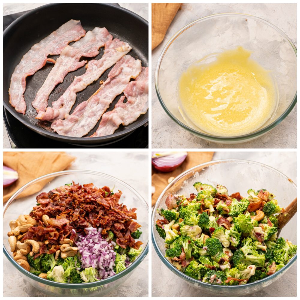 Schritte zur Zubereitung von Brokkoli-Cashew-Salat.