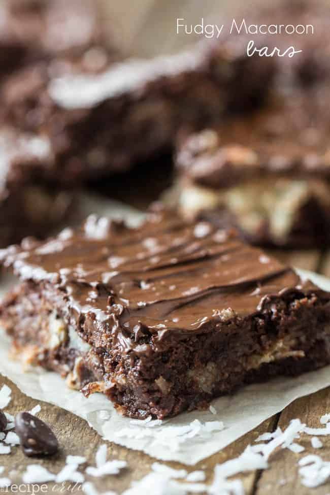 Sliced Fudgy Macaroon Bars on parchment paper. 