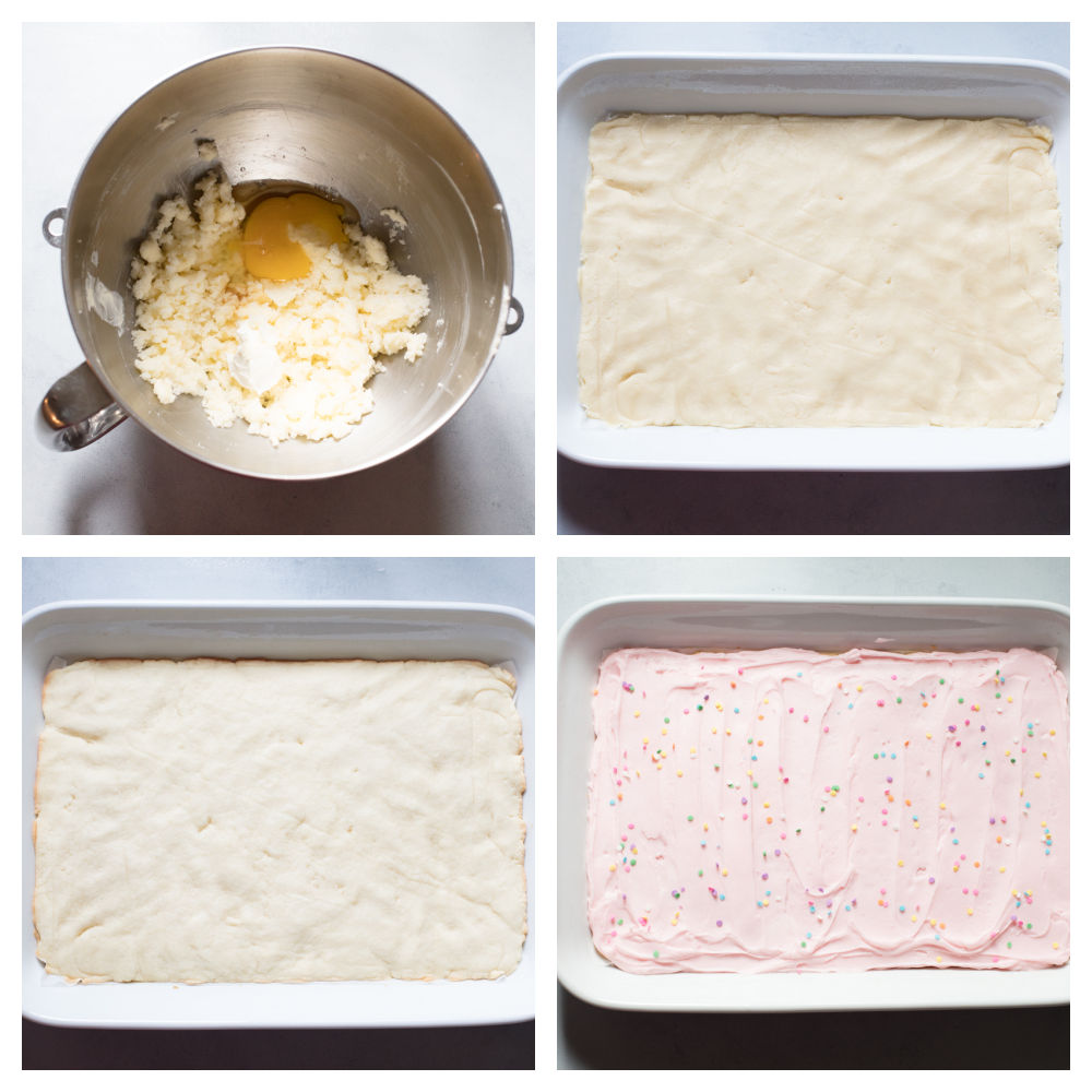 The process of making sugar cookie bar batter and baking in a pan. 