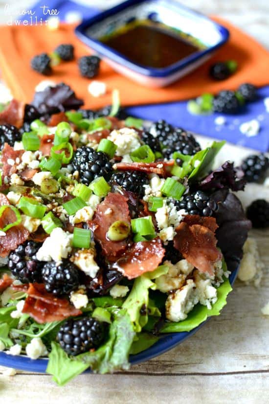 Blackberry, Bacon & Blue Cheese Salad in a blue bowl. 