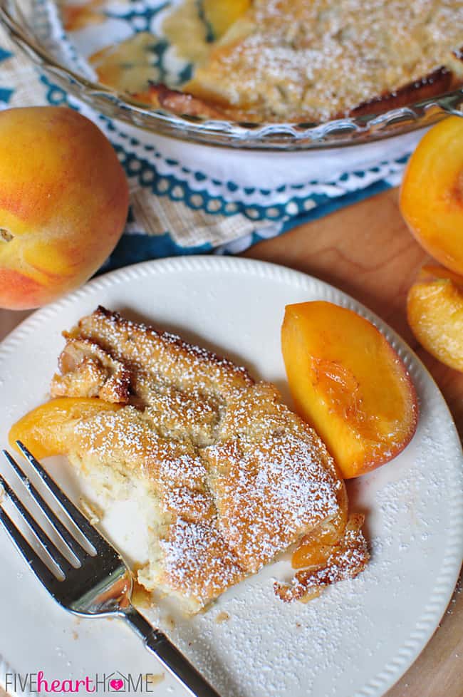 Peach German Pancake (Dutch Baby) ~ golden, puffy, and piping hot skillet pancake studded with peaches | FiveHeartHome.com