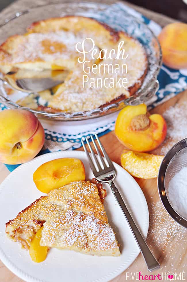 Peach German Pancake (Dutch Baby) ~ golden, puffy, and piping hot skillet pancake studded with peaches | FiveHeartHome.com