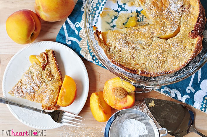 Peach German Pancake (Dutch Baby) ~ golden, puffy, and piping hot skillet pancake studded with peaches | FiveHeartHome.com