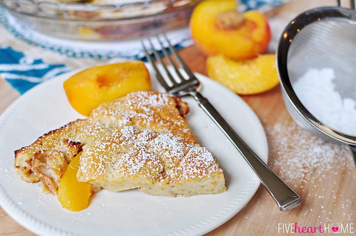 Peach German Pancake (Dutch Baby) ~ golden, puffy, and piping hot skillet pancake studded with peaches | FiveHeartHome.com