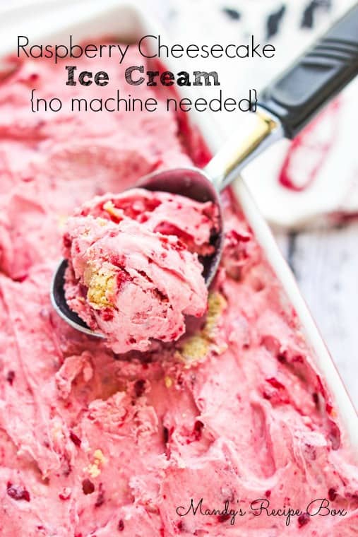 Raspberry Cheesecake Ice Cream with a scoop being removed. 