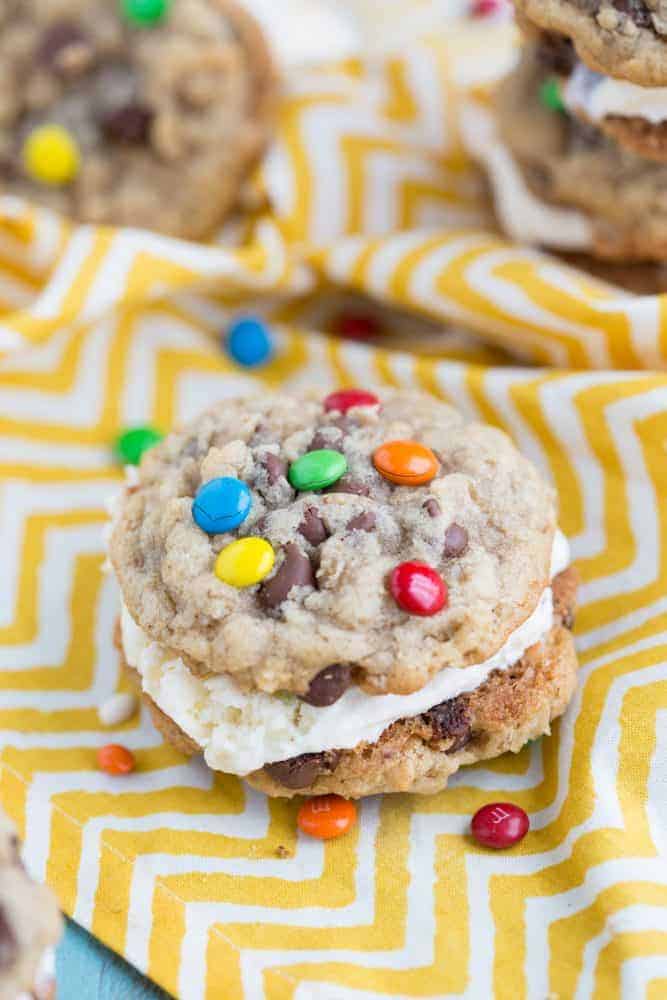 M and M cookie ice cream sandwich.