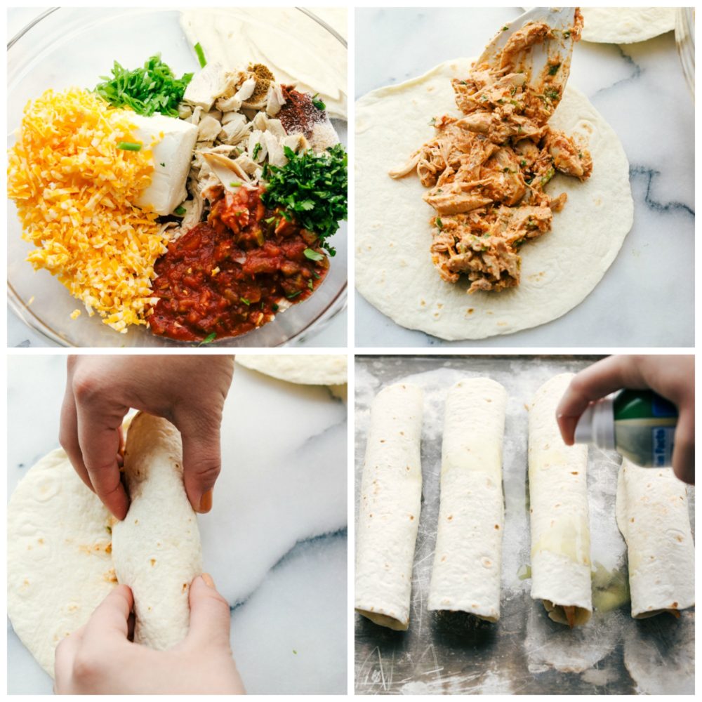 The process of making chicken taquitos. First photo on the left hand corner is all the filling ingredients in one glass bowl, The upper righthand corner is the chicken filling mixed together then laid in the flour tortilla in the middle. The bottom left hand corner the tortilla is being rolled up. The bottom right hand corner the rolled up tortillas are being sprayed on top. 