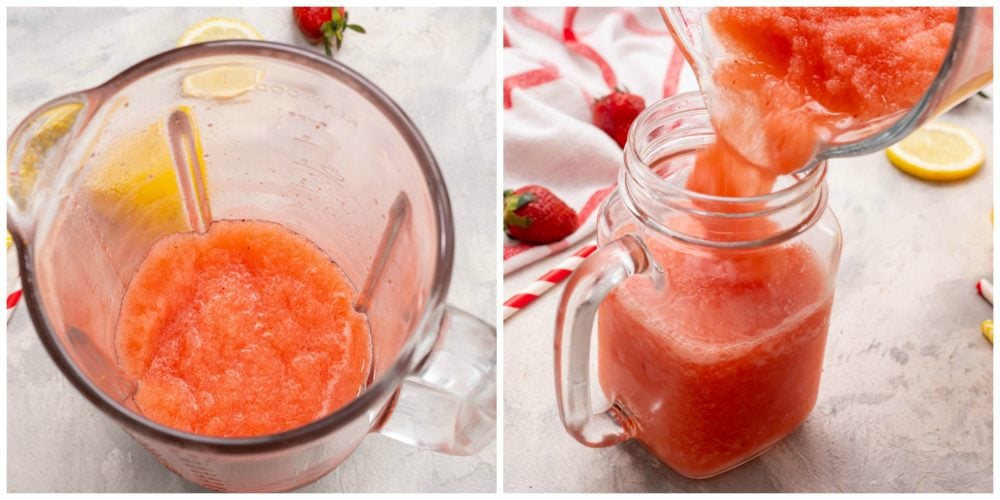 Blending strawberry lemonade in a blender. 