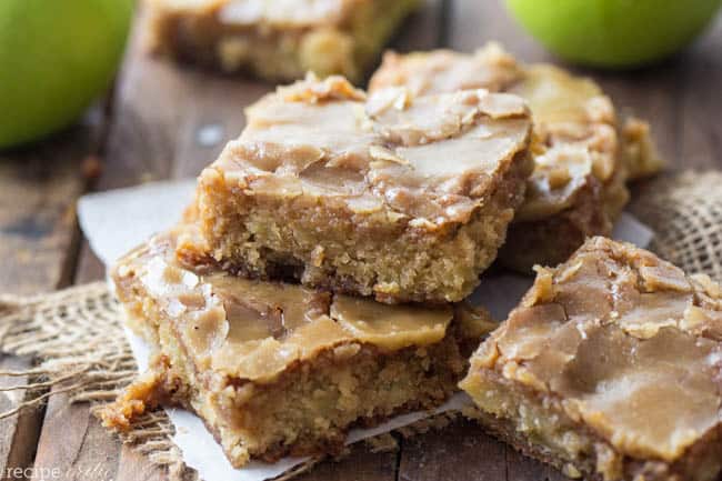 Glazed apple maple blondie stacked on top of each other. 