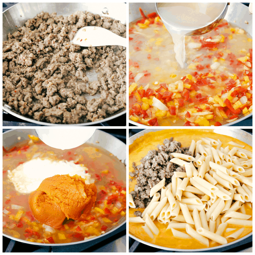 The process photos of sausage pumpkin pasta being made in 4 steps. 