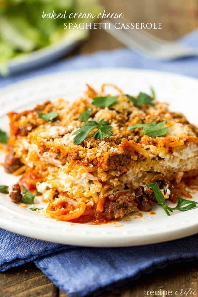 Baked cream cheese spaghetti casserole on a white plate. 