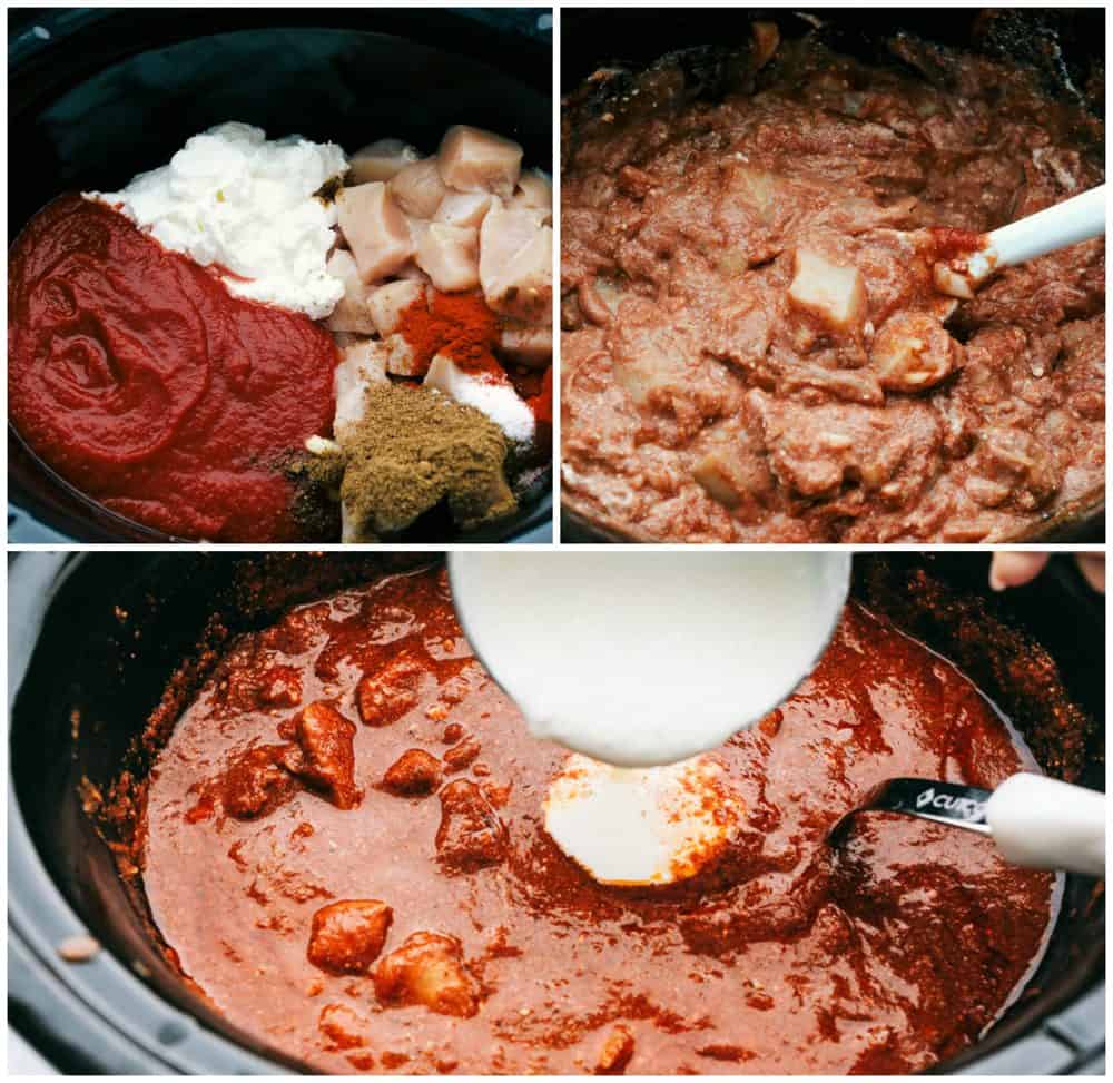 The process of adding ingredients into the slow cooker making the chicken tikka masala.