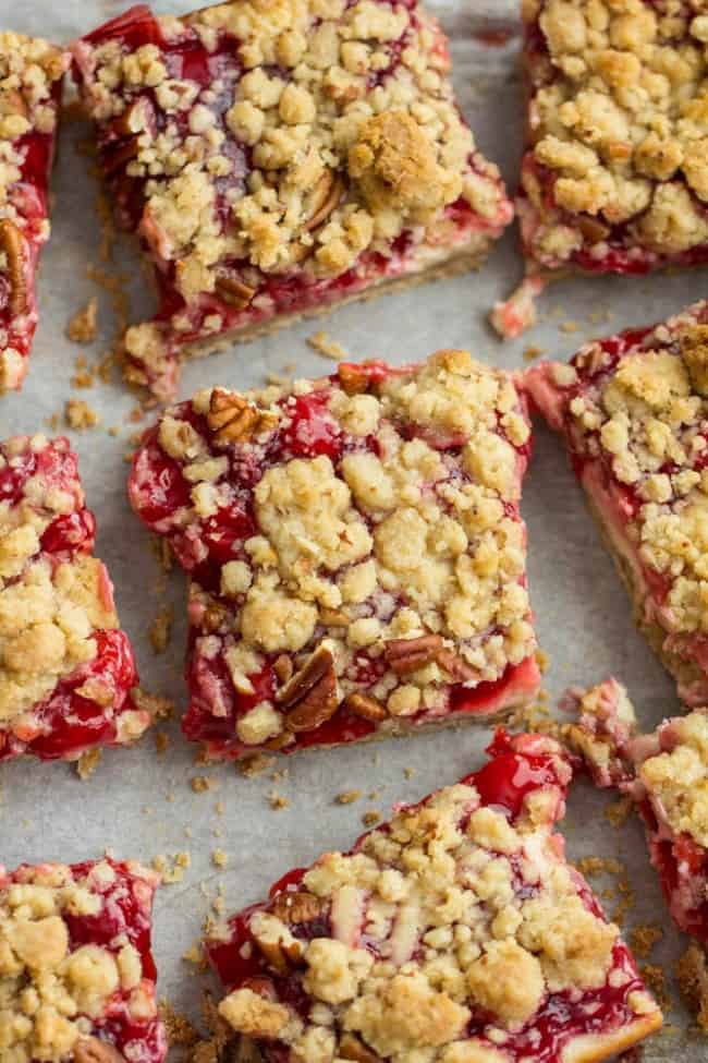 Cherry Pie Bars sliced in pieces. 