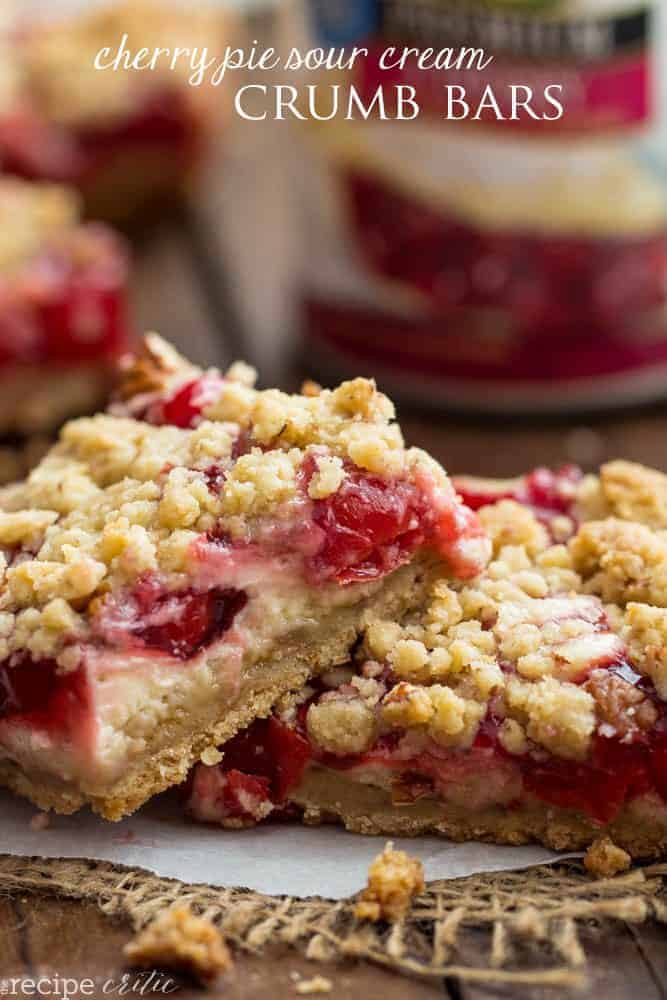 Cherry pie sour cream crumb bars on top of each other. 