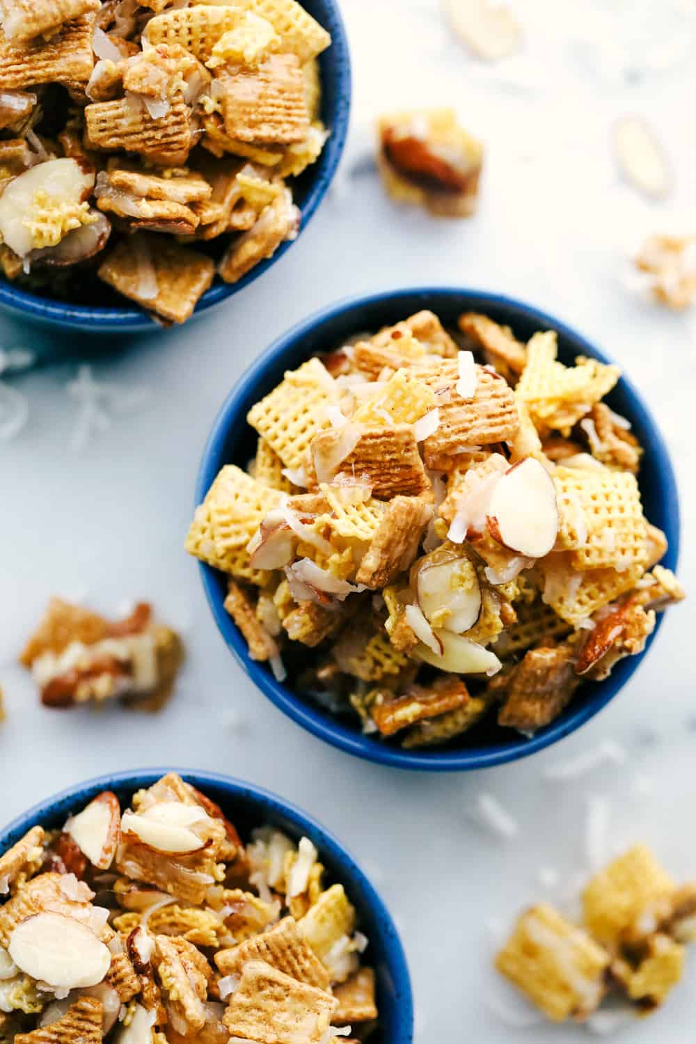 Ooey gooey Chex mix in a bowl