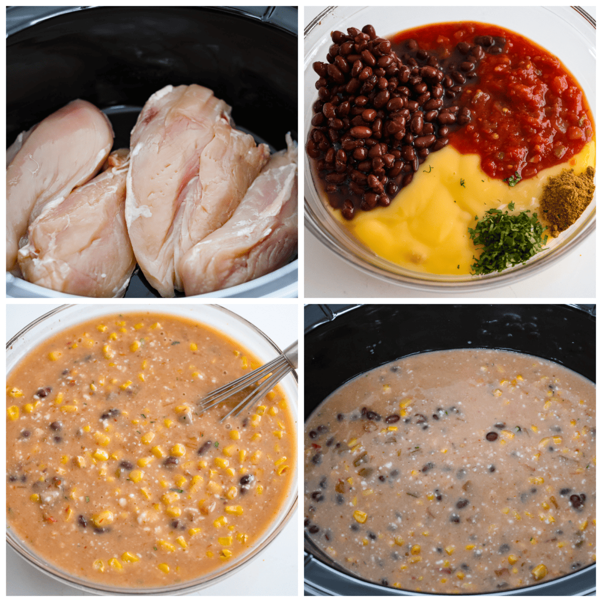 Four-photo collage of the soup ingredients being added to a crockpot.