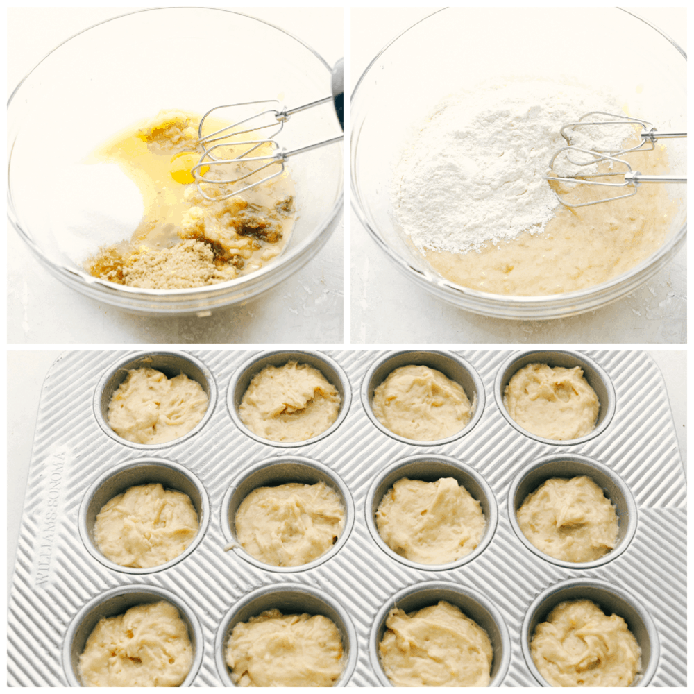 Mixing the wet and then dry ingredients and putting the batter in muffin tins. 