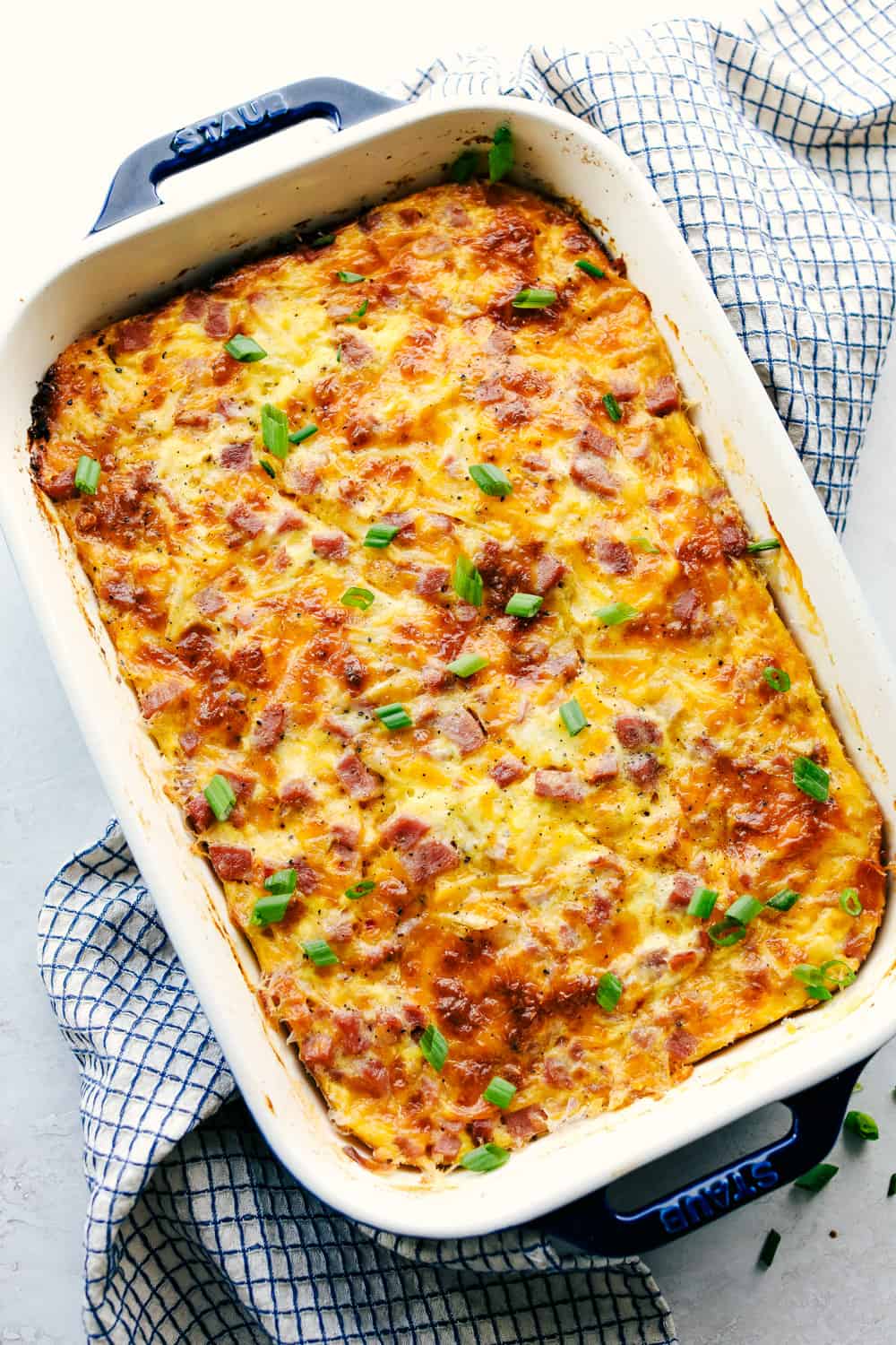 Breakfast casserole baked in a casserole dish. 