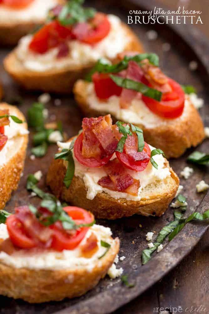 creamy feta bacon bruschetta on a plate.