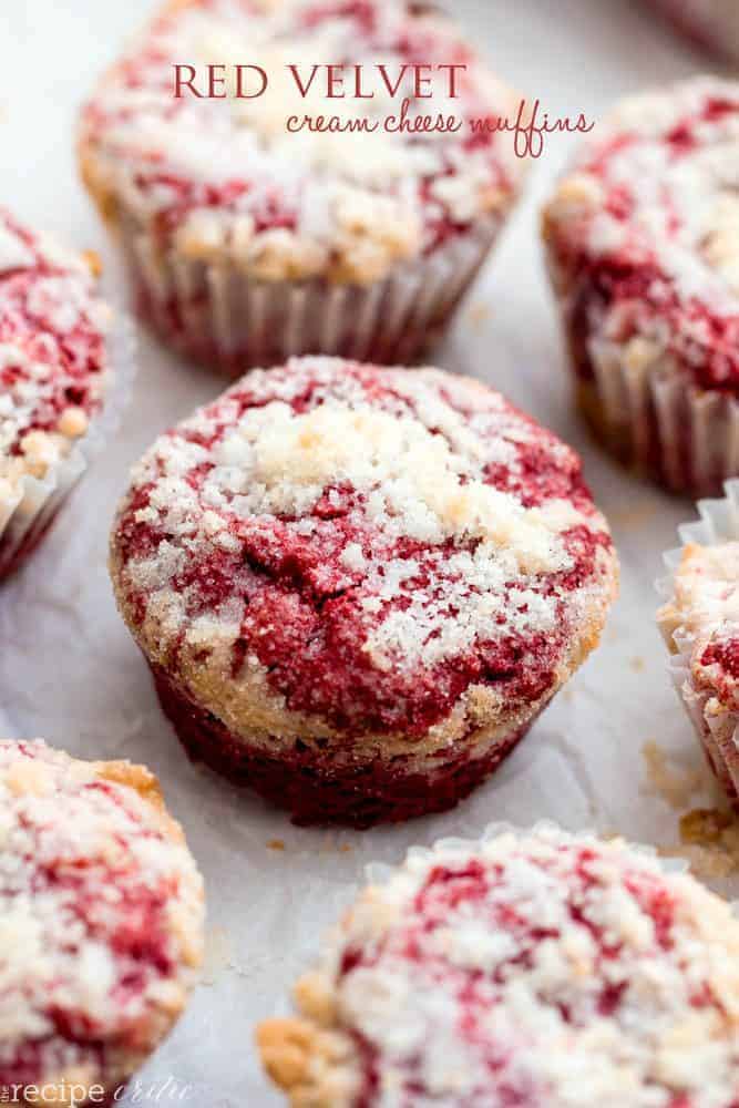 Red Velvet Cream Cheese Muffins on parchment paper. 