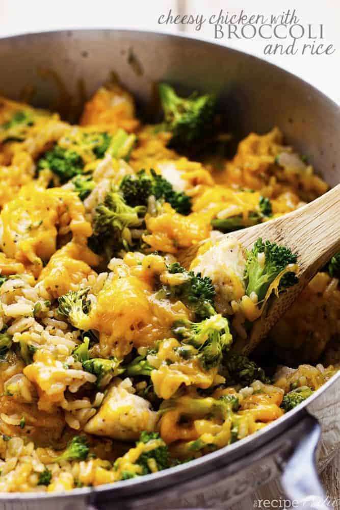 Cheesy chicken with broccoli and rice in a pot.