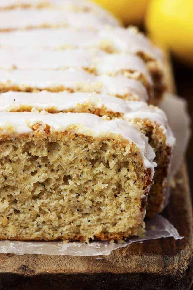 Healthy lemon poppyseed cake loaf sliced.